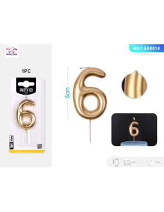 Lumanari aniversare pentru tort PartyGo cifra 6, 6cm, auriu, EA0018