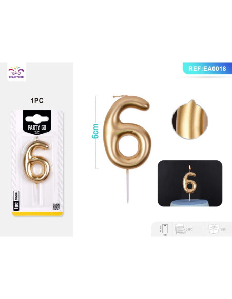 Lumanari aniversare pentru tort PartyGo cifra 6, 6cm, auriu, EA0018