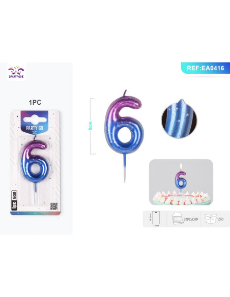 Lumanari aniversare pentru tort PartyGo cifra 6, 6cm, mov / albastru, EA0416