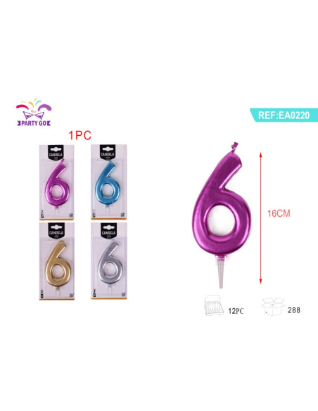 Lumanari aniversare pentru tort PartyGo cifra 6, 16cm, diverse culori metalizate, EA0220
