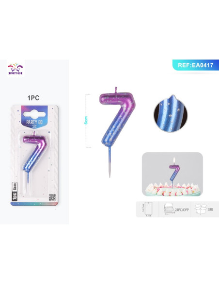 Lumanari aniversare pentru tort PartyGo cifra 7, 6cm, mov / albastru, EA0417