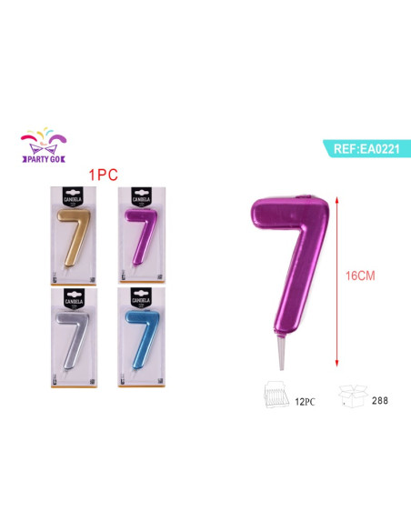 Lumanari aniversare pentru tort PartyGo cifra 7, 16cm, diverse culori metalizate, EA0221