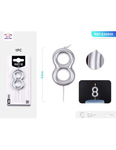 Lumanari aniversare pentru tort PartyGo cifra 8, 6cm, argintiu, EA0030