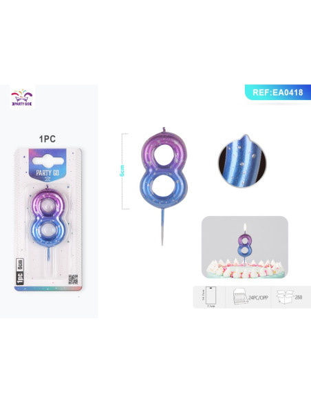 Lumanari aniversare pentru tort PartyGo cifra 8, 6cm, mov / albastru, EA0418