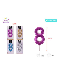 Lumanari aniversare pentru tort PartyGo cifra 8, 16cm, diverse culori metalizate, EA0222