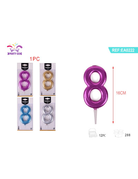 Lumanari aniversare pentru tort PartyGo cifra 8, 16cm, diverse culori metalizate, EA0222