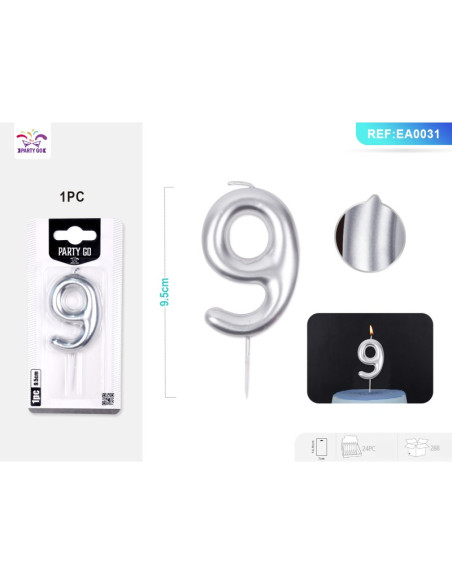 Lumanari aniversare pentru tort PartyGo cifra 9, 6cm, argintiu, EA0031