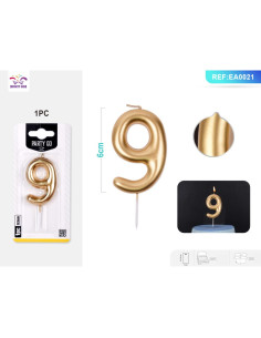 Lumanari aniversare pentru tort PartyGo cifra 9, 6cm, auriu, EA0021