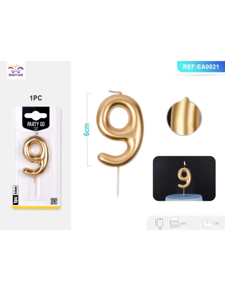 Lumanari aniversare pentru tort PartyGo cifra 9, 6cm, auriu, EA0021