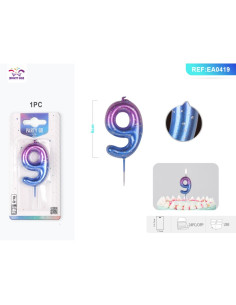 Lumanari aniversare pentru tort PartyGo cifra 9, 6cm, mov / albastru, EA0419, set 6 buc