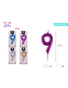 Lumanari aniversare pentru tort PartyGo cifra 9, 16cm, diverse culori metalizate, EA0223, set 16 buc