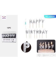 Lumanari aniversare pentru tort PartyGo Happy Birthday, argintiu, ED0236, set 13 buc