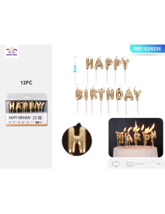 Lumanari aniversare pentru tort PartyGo Happy Birthday, auriu, ED0235, set 13 buc