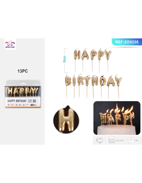 Lumanari aniversare pentru tort PartyGo Happy Birthday, auriu, ED0235, set 13 buc