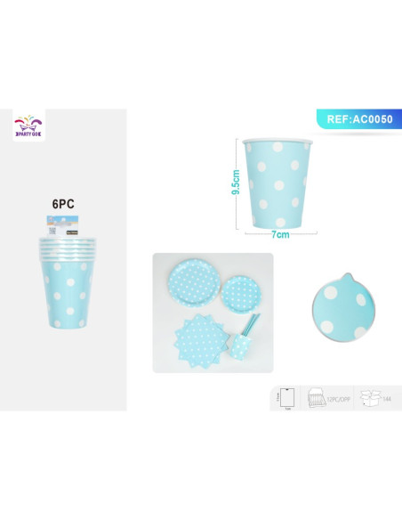 Pahar carton pentru petrecere PartyGo, 260 ml, carton, buline albe, bleu, AC0050, set 6 buc