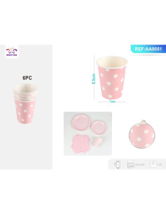 Pahar carton pentru petrecere PartyGo, 260 ml, carton, buline albe, roz, AA0051, set 6 buc