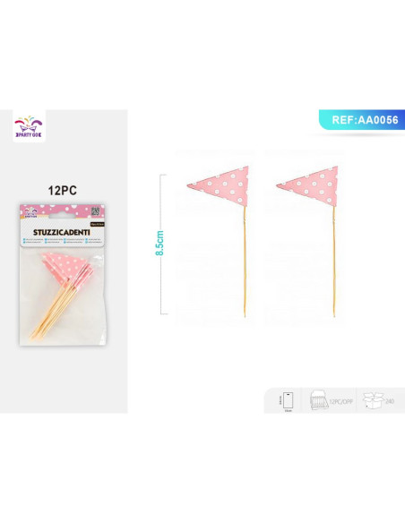 Scobitori cu stegulete PartyGo, 8.5cm, buline, roz, AA0056, set 12 buc