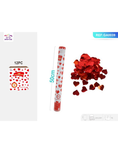 Tun confetti PartyGo, 50cm, inimioare, rosu, GA0039