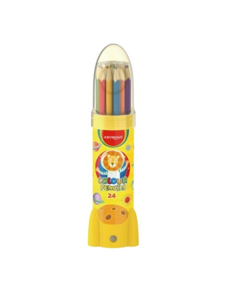 Creioane colorate Keyroad KR972229, triunghiulare, 24 culori, cutie metalica cu ascutitoare
