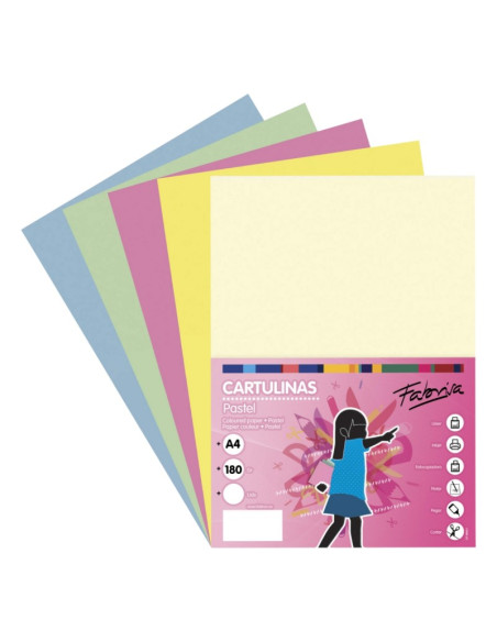 Carton colorat A4 Fabrisa 15506, 180g/mp, mix 5 culori pastel, top 250 coli