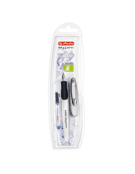 Stilou Herlitz my.pen, penita iridium, alimentare rezerve, grip cauciucat, corp plastic alb, blister (+1 rezerva)