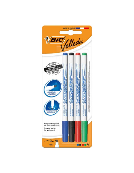 Marker tabla Bic Velleda 1721, varf rotund, 1.5mm, set 4 culori (verde, negru, albastru, rosu)