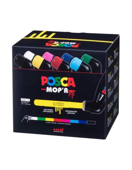 Marker UNI Posca Mop'r PCM22, varf rotund buretat, 3.0-19.0mm, set 8 culori