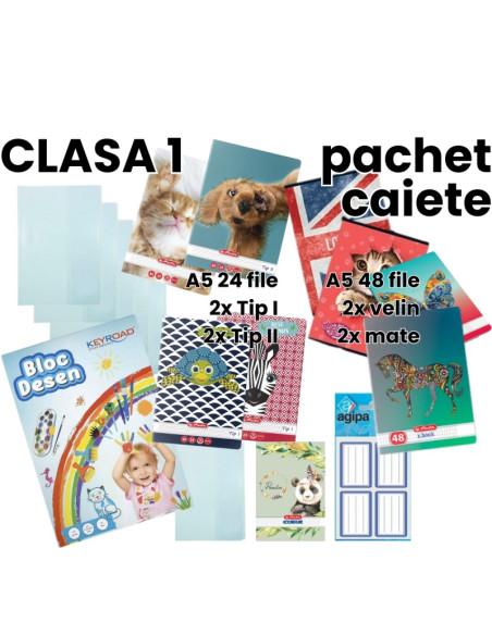 Pachet rechizite scoala clasa 1, PACHET CAIETE, fata/baiat, 17 piese