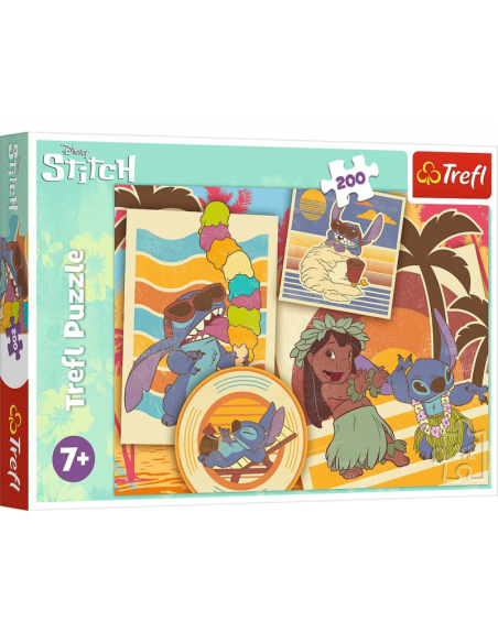 Puzzle carton 200 piese Trefl Stitch - La Plaja cu Lilo si Stitch, 539312, 7+ ani