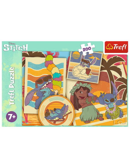 Puzzle carton 200 piese Trefl Stitch - La Plaja cu Lilo si Stitch, 539312, 7+ ani