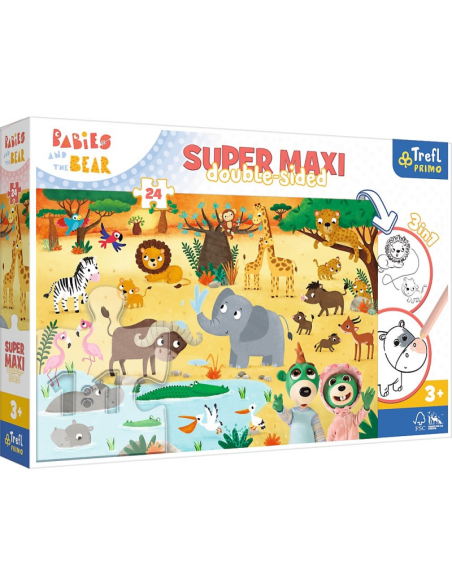 Puzzle carton 24 piese Trefl Primo - Babies and the Bear - Super Maxi - In Safari, 515774, 3+ ani