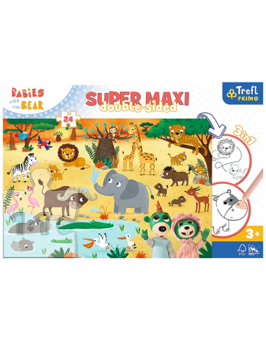 Puzzle carton 24 piese Trefl Primo - Babies and the Bear - Super Maxi - In Safari, 515774, 3+ ani