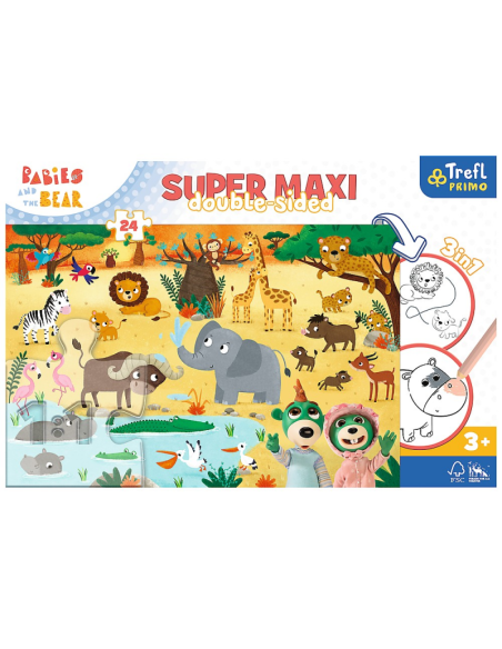 Puzzle carton 24 piese Trefl Primo - Babies and the Bear - Super Maxi - In Safari, 515774, 3+ ani
