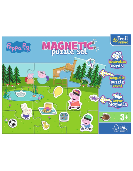 Set Puzzle magnetic 9 piese + 12 cartoane + magneti Trefl Primo - Peppa Pig - Peppa Pig se distreaza, 516179, 3+ ani
