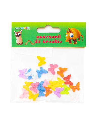 Accesorii creatie - nasturi fluturi plastic, diverse culori, 15mm, set 24 buc, Colorarte