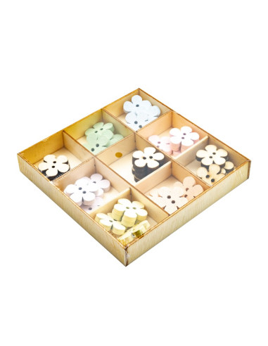 Accesorii creatie - lemn - nasturi floare, diverse culori, cutie 36 buc, Colorarte