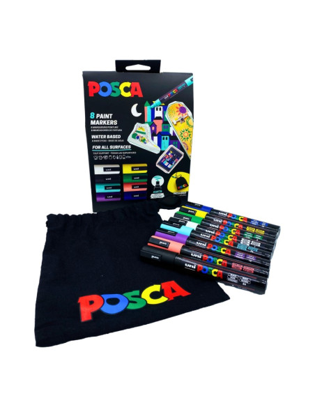 Set 8x Marker UNI Posca PC-5M, varf rotund, 1.8-2.5mm, cutie carton + saculet textil