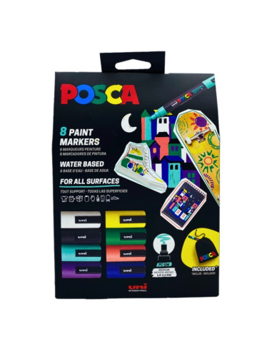 Set 8x Marker UNI Posca PC-5M, varf rotund, 1.8-2.5mm, cutie carton + saculet textil
