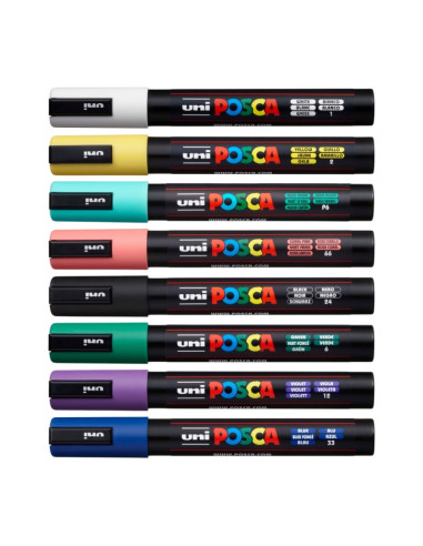 Set 8x Marker UNI Posca PC-5M, varf rotund, 1.8-2.5mm, cutie carton + saculet textil