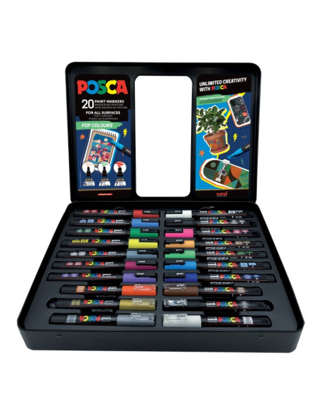 Set 20x Marker UNI Posca POP Colours, cutie metalica (6x PC-1M, 7x PC-3M, 7x PC-5M)