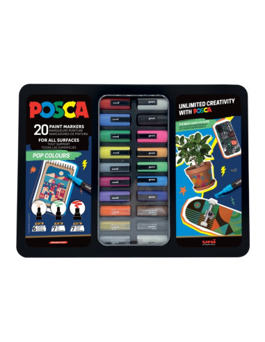 Set 20x Marker UNI Posca POP Colours, cutie metalica (6x PC-1M, 7x PC-3M, 7x PC-5M)