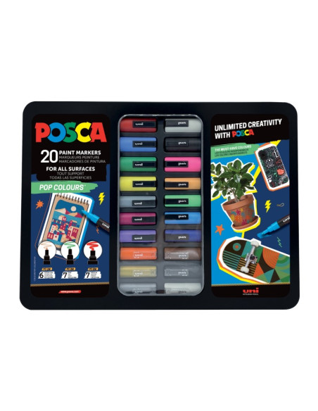 Set 20x Marker UNI Posca POP Colours, cutie metalica (6x PC-1M, 7x PC-3M, 7x PC-5M)