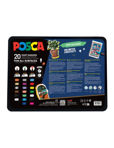 Set 20x Marker UNI Posca POP Colours, cutie metalica (6x PC-1M, 7x PC-3M, 7x PC-5M)