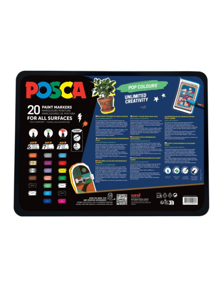 Set 20x Marker UNI Posca POP Colours, cutie metalica (6x PC-1M, 7x PC-3M, 7x PC-5M)