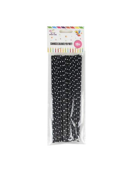 Paie negre cu bulie albe 20cm, PartyGo, BK0007, set 12 buc