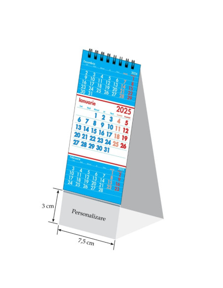 Calendar triptic de birou Unicart mini, 7.5x15cm + 3cm pentru personalizare, cu spira