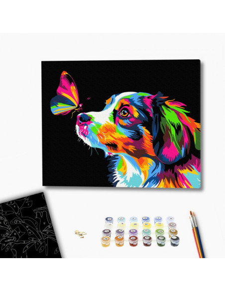 Set pictura pe numere 40x50cm, Brushme - Fluture si Caine colorat - panza neagra, pensule, culori, BSB0029