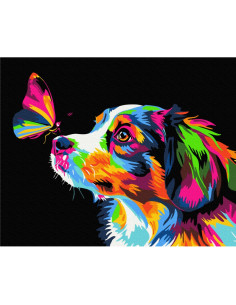 Set pictura pe numere 40x50cm, Brushme - Fluture si Caine colorat - panza neagra, pensule, culori, BSB0029 2