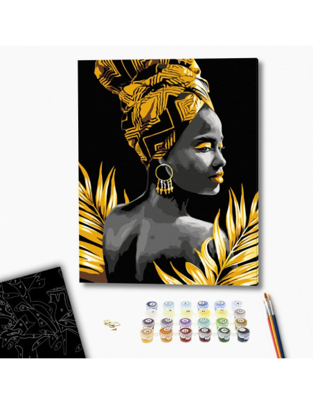 Set pictura pe numere 40x50cm, Brushme - Femeia din Africa - panza neagra, pensule, culori, BSB0013