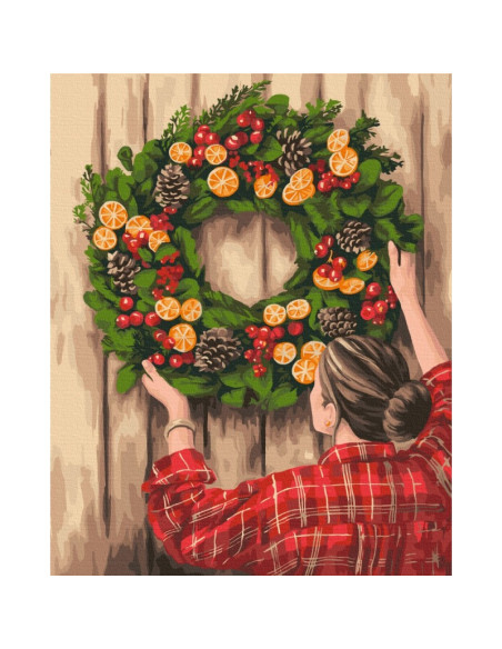 Set pictura pe numere 40x50cm, Brushme - Decor festiv de Craciun, coronita - pensule, culori, BS52806